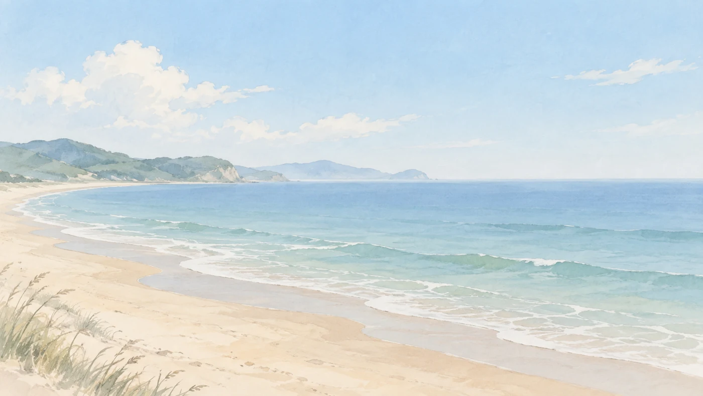 手绘的浅蓝海岸与清晨天空